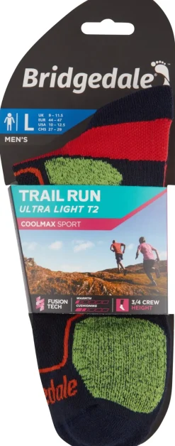 Bridgedale Socks|Socks-Mens Trail Run Ultralight T2 Coolmax Sport 3/4 Crew Sock - Navy
