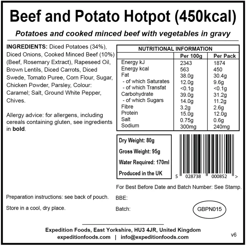 Expedition Foods Lunch/ Dinner-Beef and Potato Hotpot - 450kcal