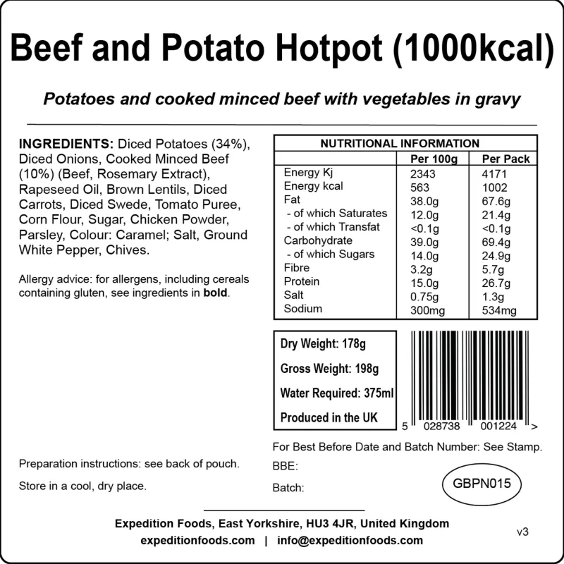 Expedition Foods Lunch/ Dinner-Beef and Potato Hotpot - 1000kcal