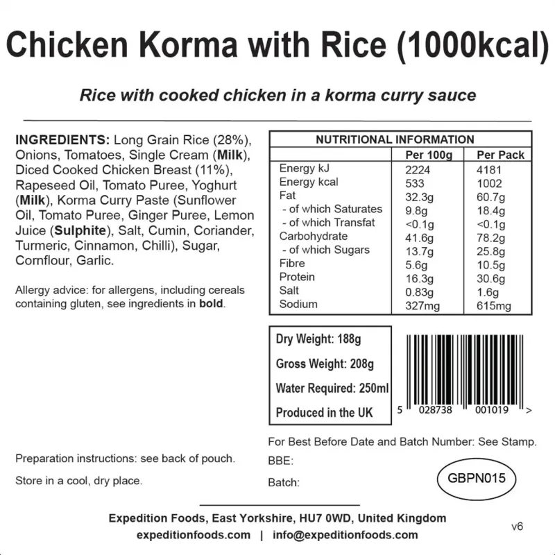 Expedition Foods Lunch/ Dinner-Chicken Korma with Rice - 1000kcal