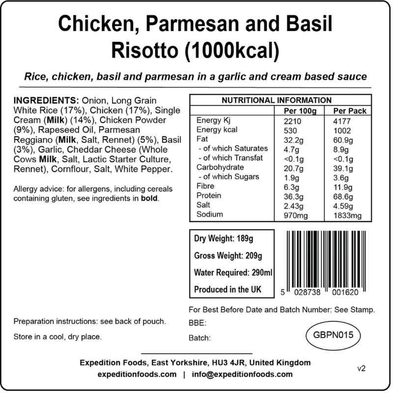 Expedition Foods Lunch/ Dinner-Chicken Parmesan and Basil Risotto - 1000kcal