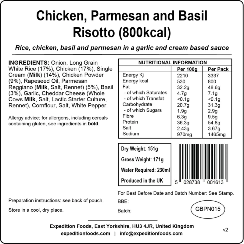 Expedition Foods Lunch/ Dinner-Chicken Parmesan and Basil Risotto - 800kcal