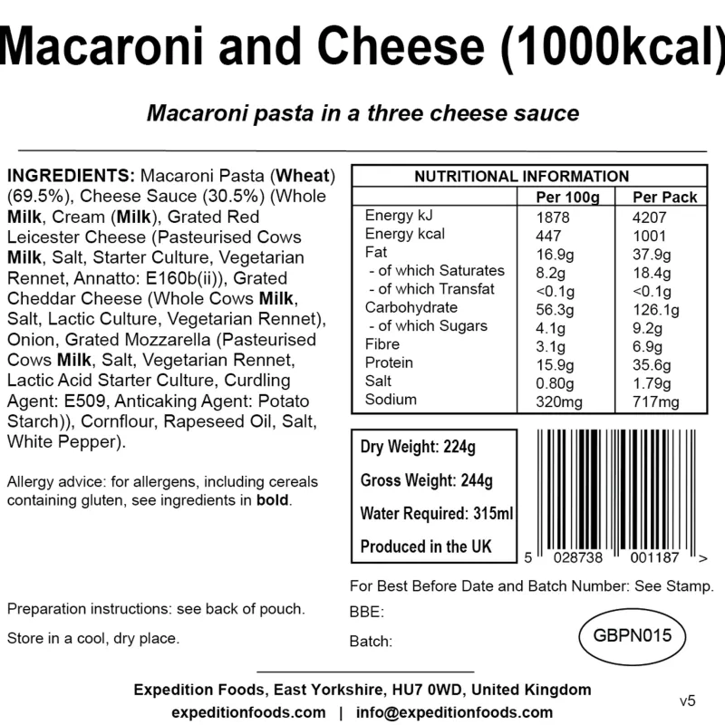 Expedition Foods Lunch/ Dinner-Macaroni and Cheese - 1000kcal