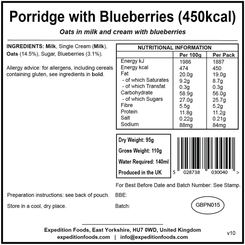 Expedition Foods Breakfast-Porridge with Blueberries - 450kcal