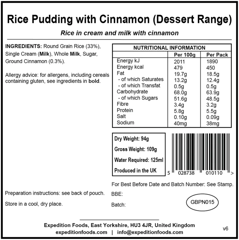 Expedition Foods Dessert-Rice Pudding with Cinnamon - Dessert Range