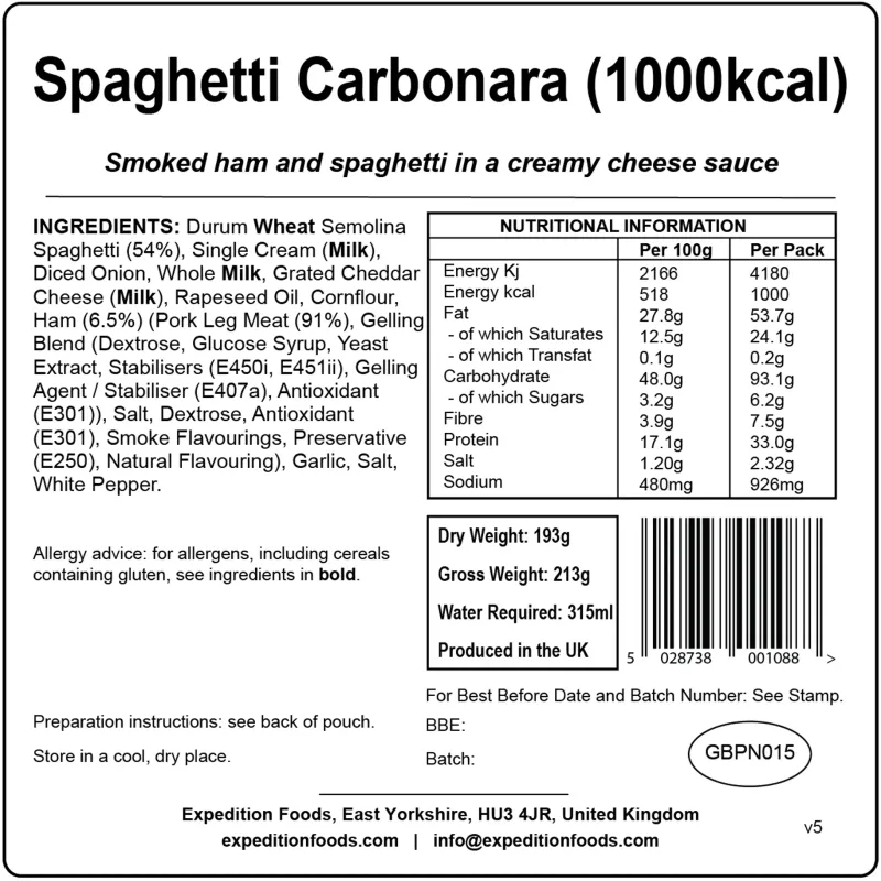 Expedition Foods Lunch/ Dinner-Spaghetti Carbonara - 1000kcal