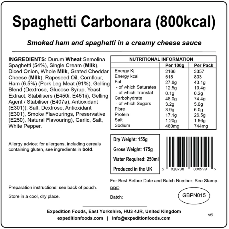 Expedition Foods Lunch/ Dinner-Spaghetti Carbonara - 800kcal