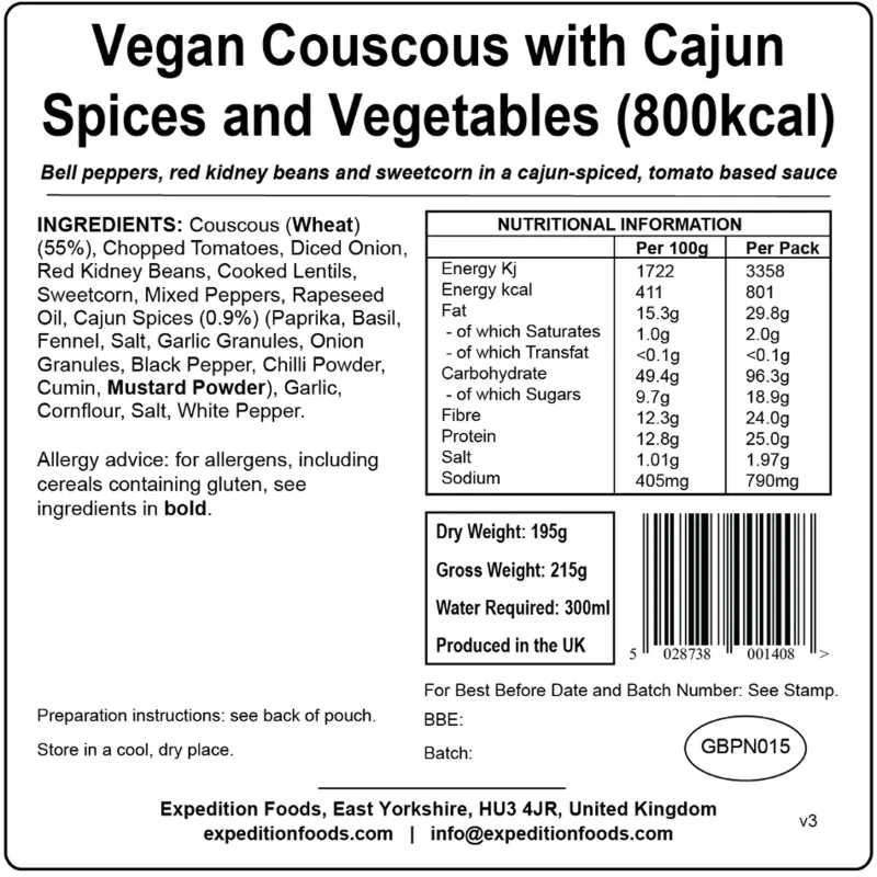 Expedition Foods Lunch/ Dinner-Vegan Couscous with Cajun Spices and Veg - 800kcal