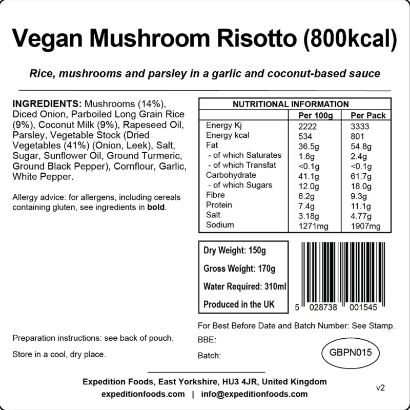 Expedition Foods Lunch/ Dinner-Vegan Mushroom Risotto - 800kcal
