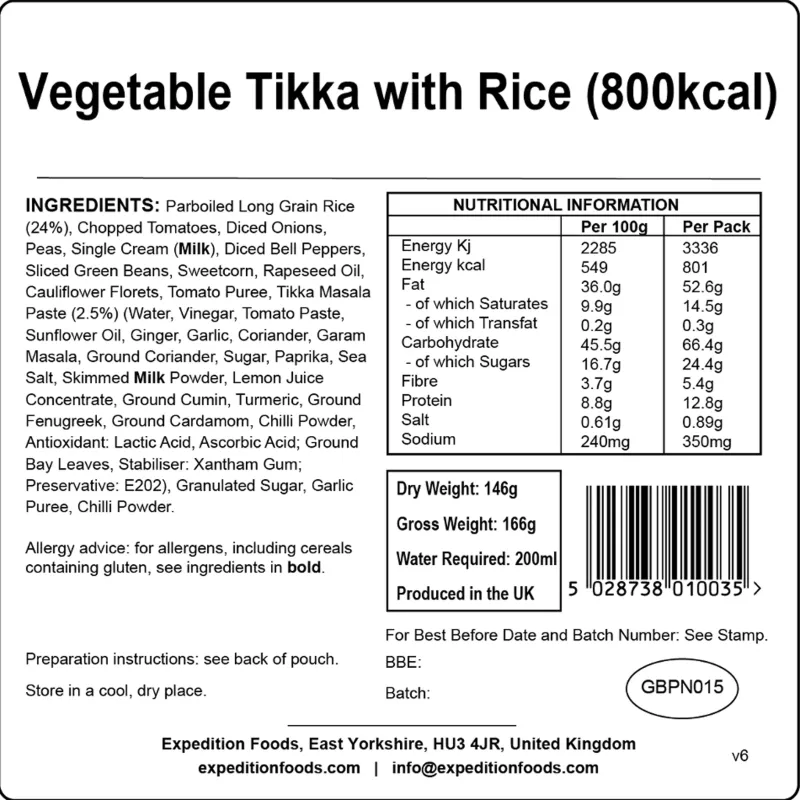 Expedition Foods Lunch/ Dinner-Vegetable Tikka with Rice - 800kcal